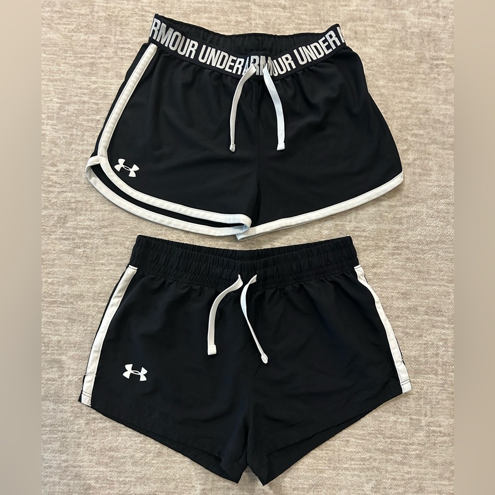 Under Armour Black Athletic Shorts with White Trim- 2 pair lot- Sz YLG